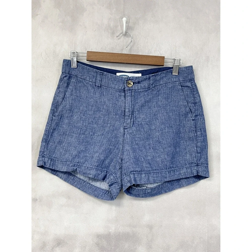 Old Navy Everyday Short Women 4 Dark Chambray Linen Blend Minimal Coastal Beach